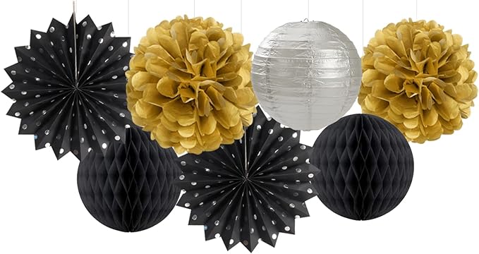 Black Gold Silver Party-Decorations Streamers-Lanterns - Image 6
