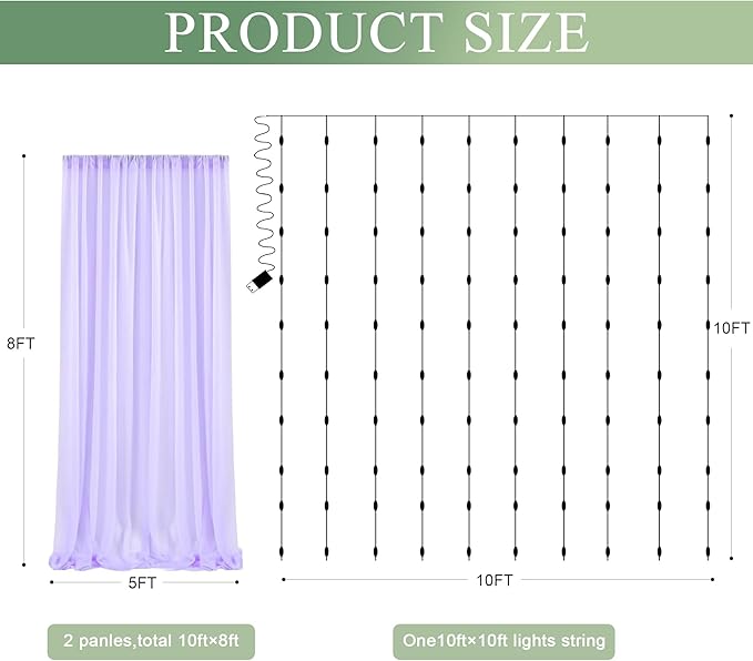 Tulle Backdrop Curtain with Lights String 10FT X 8FT Lavender Sheer Tulle - Image 2