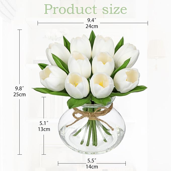 DILATATA Tulips Artificial Flowers in Vase White Fake Flowers Centerpiece - Image 2