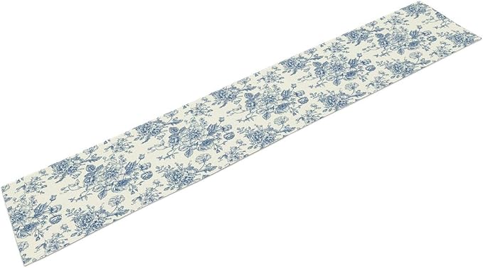 Floral Table Runner, Retro Blue Flower Chinoiserie Sketch Pattern Print Table - Image 8