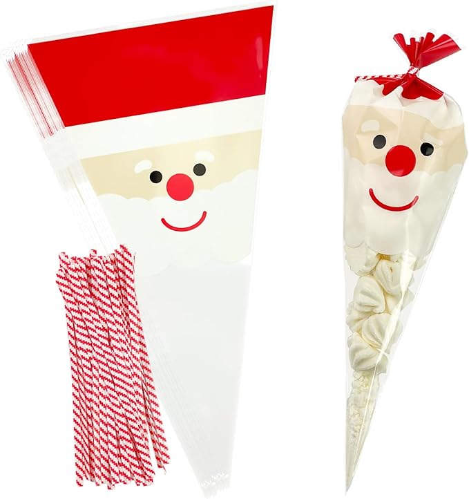 EKAPACKAGING 50Pcs 6.3x11.8 Inches Santa Print Cone Shaped Treat Bags by EKAPACKAGING