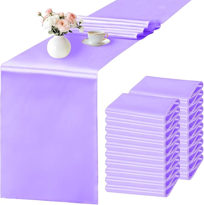 SHEJIZE 20 Pack Lavender Satin Table Runner 12x108 Inches Long, Bright Silky by SHEJIZE