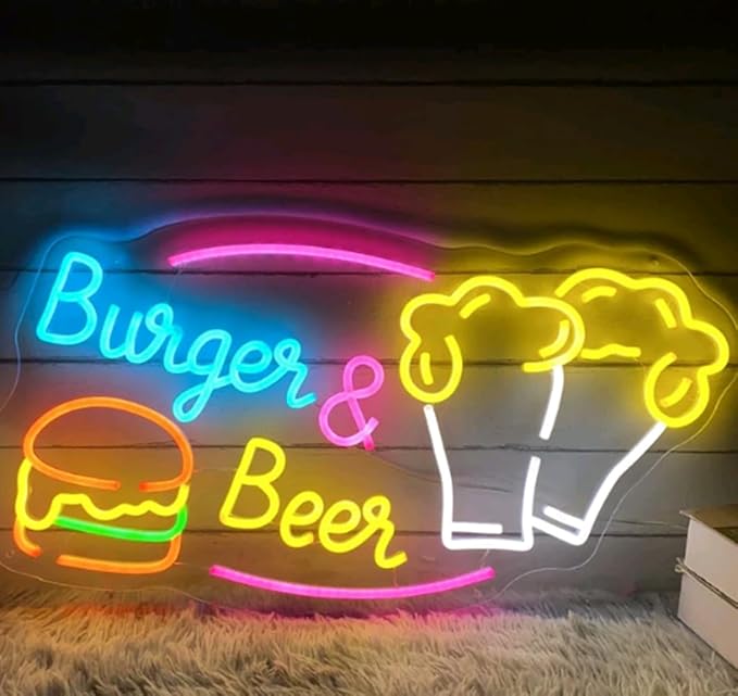 Burger & Beer Neon Sign, Custom Hamburger Snack Bar LED Neon Night Home Wall - Image 4