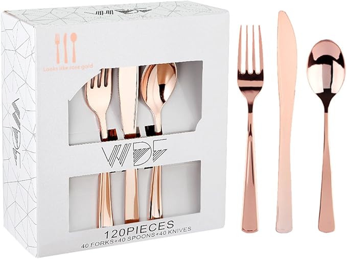 WDF 120 Pieces Rose Gold Plastic Silverware- Disposable Flatware by WDF