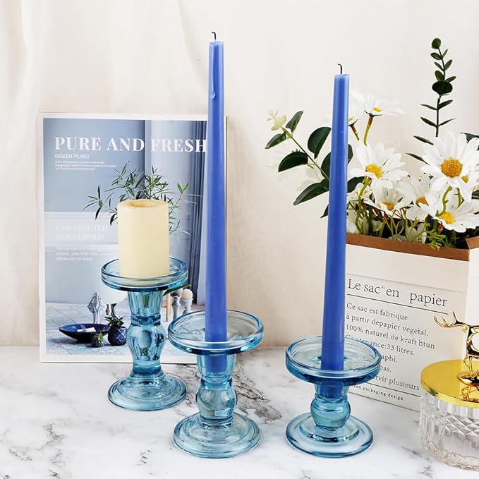 3-Piece Set of Blue Glass Candlestick, Crystal Candlestick Holder Holder and - Image 5