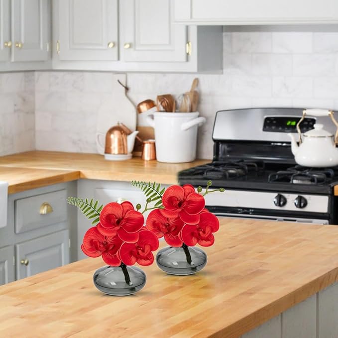 Red Orchids Artificial Flowers Faux Orchids Arrangement in Black Glass Vases - Image 6