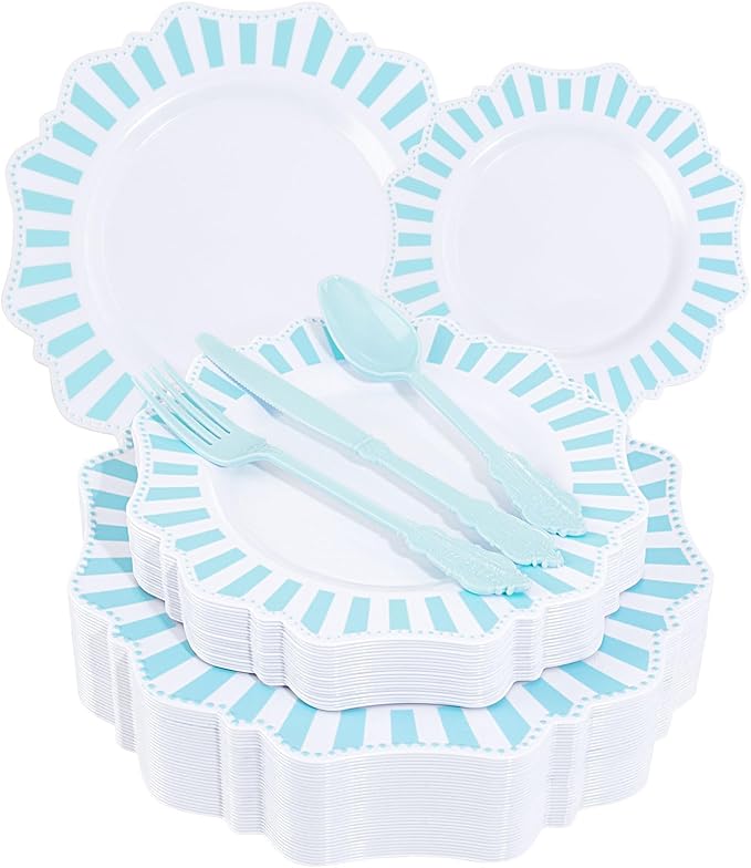 COLOSUS 150pcs Disposable Blue and White Striped Easter Plastic Party Plates by COLOSUS
