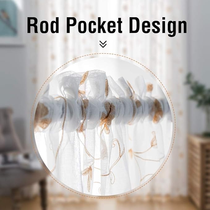 Embroidery Sheer Curtains Gold 63 Inch Length, Rod Pocket Voile Drapes - Image 3