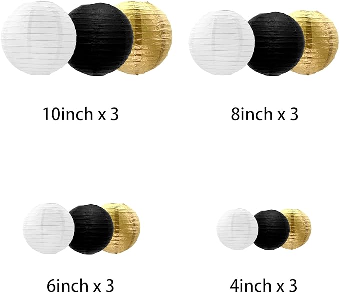 Black Gold White Paper Lanterns Decorative, Chinese/Japanese Hanging Round - Image 2