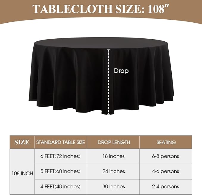 Round Tablecloth 6 Pack 108 Inch Black Tablecloths Washable Decorative Linen - Image 6