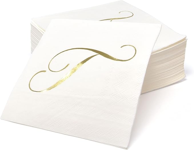 Gift Boutique 100 Gold Monogram Cocktail Napkins Letter T Disposable Paper Pack - Image 4