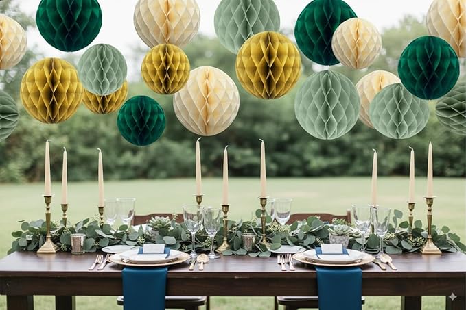12pcs Sage Green and Gold Paper Honeycomb Balls - Image 2