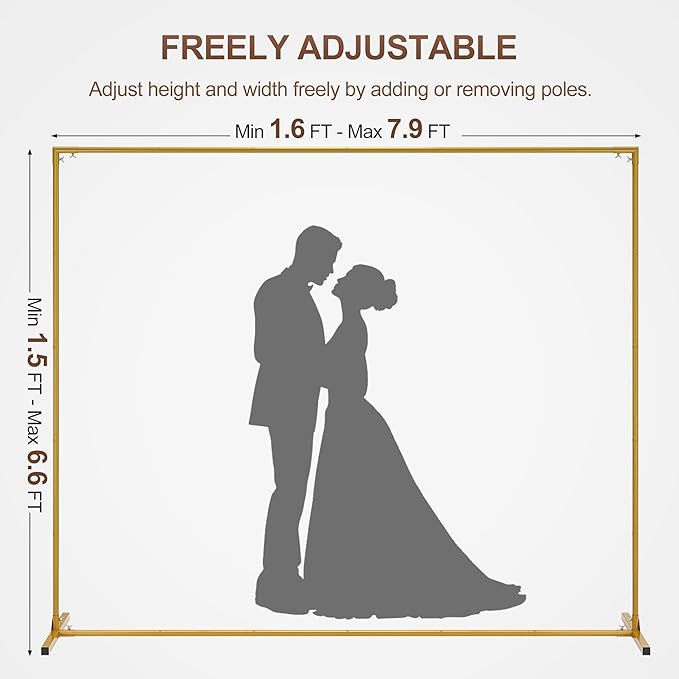 Walensee 7.9FTx6.6FT Gold Wedding Arch Backdrop Stand, Adjustable Square Metal - Image 3