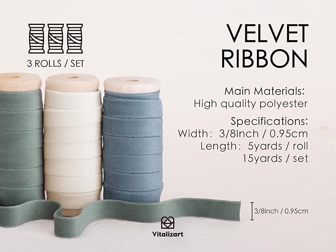 Vitalizart Velvet Ribbon Dusty Green Blue 3/8" x 15 Yd Fabric Trim 3 Rolls * 5 - Image 2