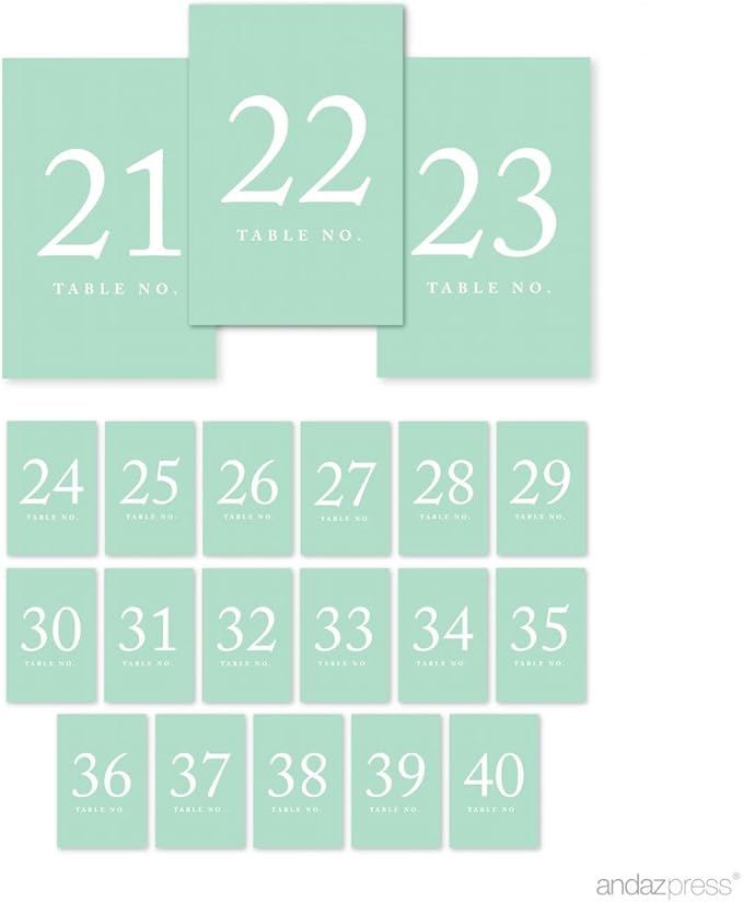 Andaz Press Mint Green Wedding Table Numbers 21-40, 4x6-Inches Table Number by AndazPress