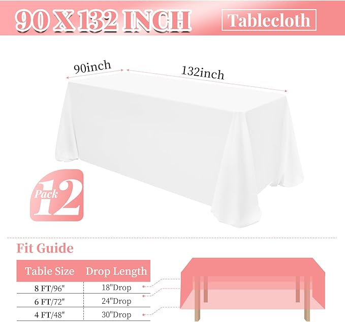 12 Pack Polyester Rectangle Tablecloth 90 x 132 Inch White Tablecloth - Image 3