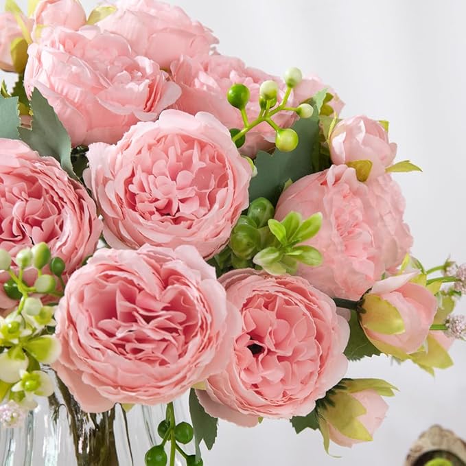 Artificial Peonies Silk Flowers in Glass Vase Faux Flowers Bouquets Modern - Image 2