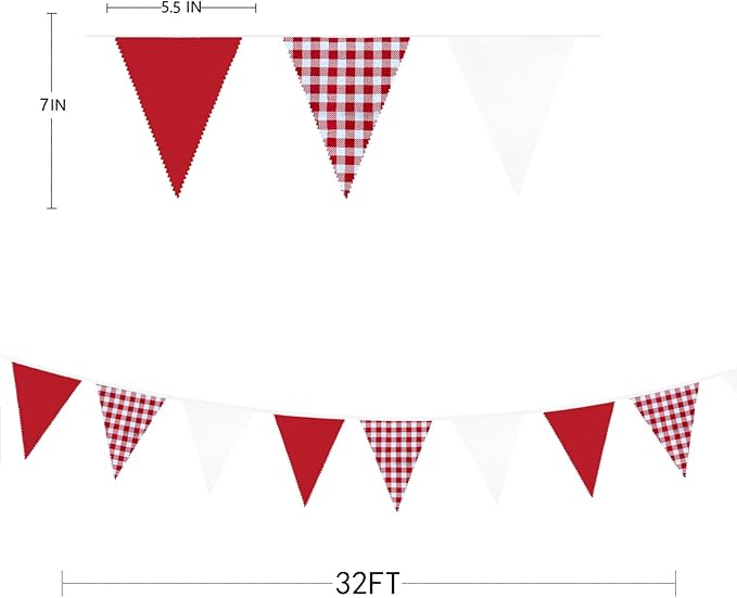 32Ft Red Party Decorations Red Plaid Checkered White Triangle Flag Gingham - Image 2
