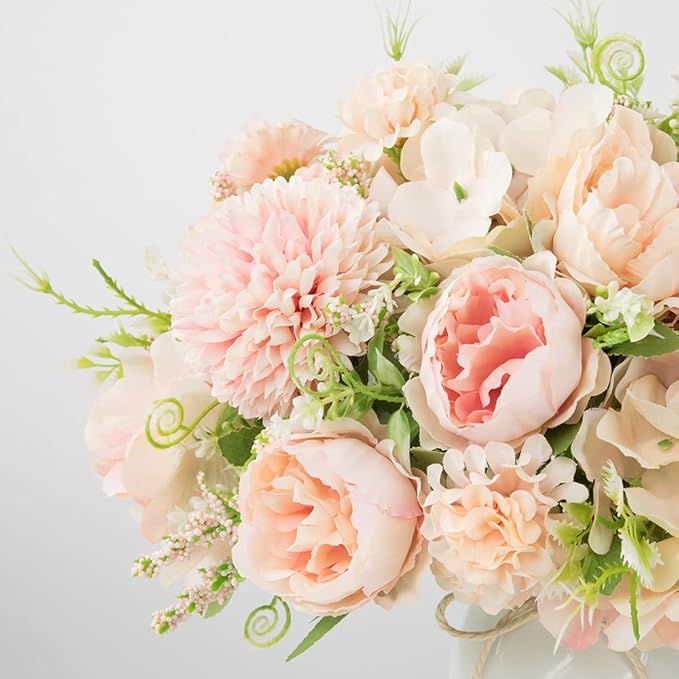 LESING Artificial Peony with Vase Silk Flowers Bouquets Fake Hydrangea Bulks - Image 3