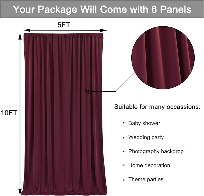 30 ft x 10 ft Wrinkle Free Maroon Backdrop Curtain - Image 4