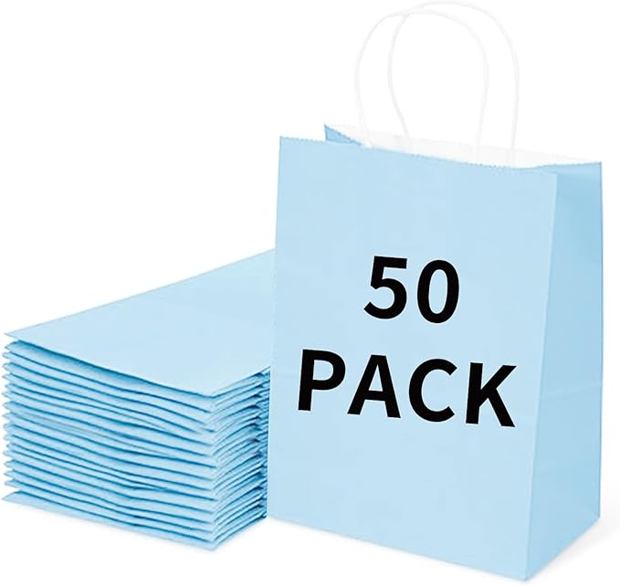 BAG BOX 50 Pack Small 5.9x3.1x8.25 Inch Blue Kraft Paper Gift Bags by BAGBOX