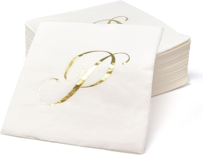 Gift Boutique - 100 Gold Monogram Cocktail Napkins Letter P Disposable Paper - Image 4