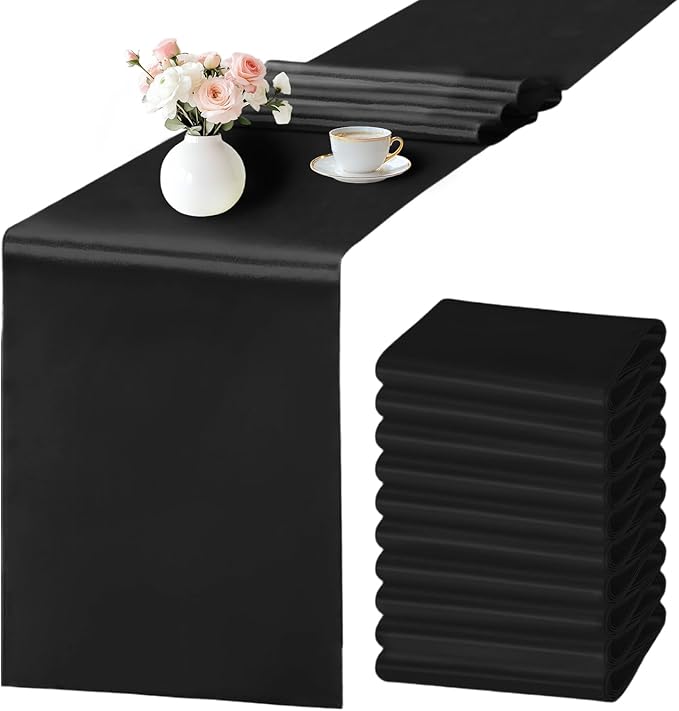 SHEJIZE 10 Pack Black Satin Table Runner 12x108 Inches Long, Bright Silky by SHEJIZE