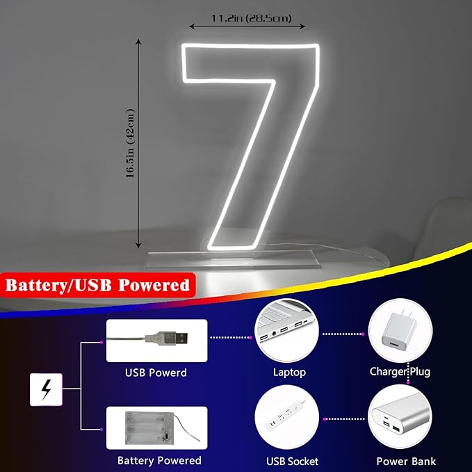 Number 7 Neon Sign for Birthday, 16.54" Cool White USB Battery Powered Led Neon - Image 3