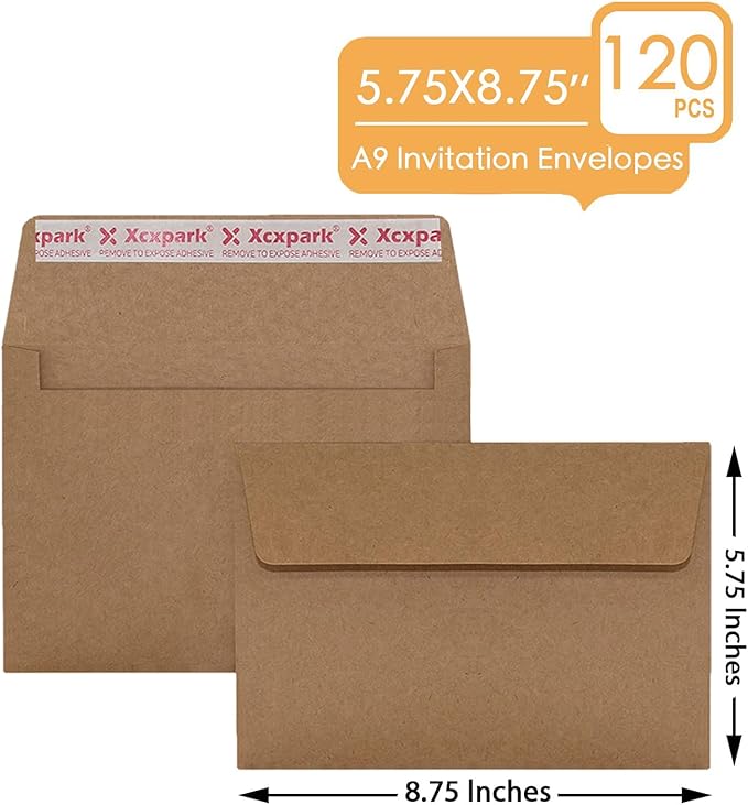120 Qty A9 Invitation Envelopes 5.75x8.75, Self Seal 120GSM Brown Kraft Paper - Image 2