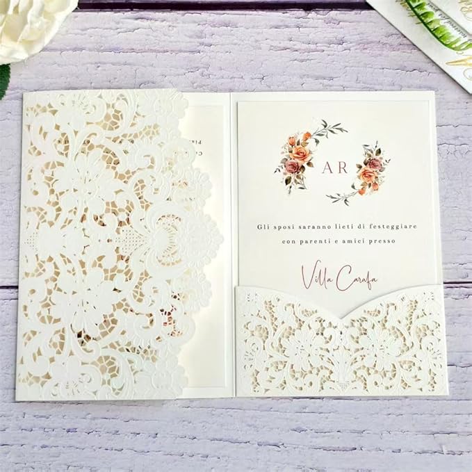 MillaSaw Ivory Embossed Laser Cut Invitation Pocket Envelope, Floral Engraved - Image 5