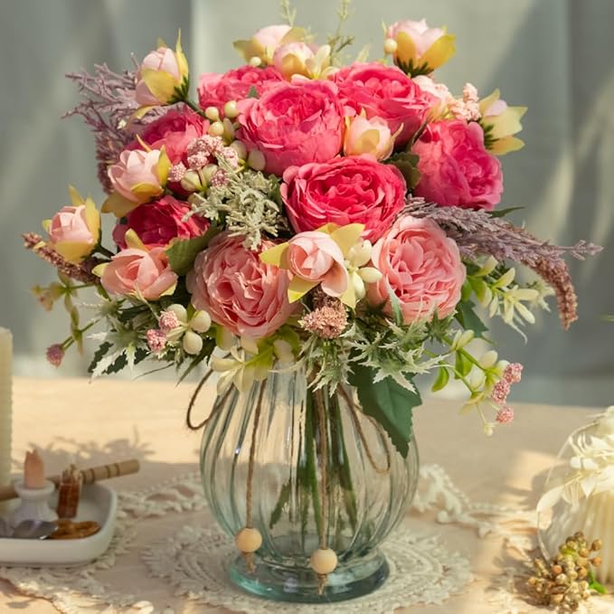 Artificial Peonies Silk Flowers Bouquet in Glass Vase Faux Flowers Bouquets - Image 2