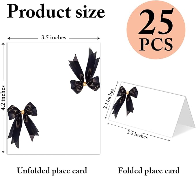 25 Pack Black Bow Place Cards, Editable Name Cards - Image 2