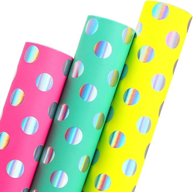 Ribbli Birthday Polka Dots Wrapping Paper Mini Roll, 3 Rolls Fluorescent Pink by Ribbli