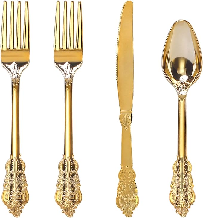 WDF 200 Pieces Gold Plastic Silverware Disposable by WDF