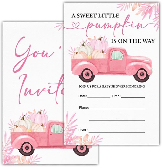 Pumpkin Baby Shower Party Invitations, Fall Pink Pumpkins Truck Baby Shower by RNYJJ