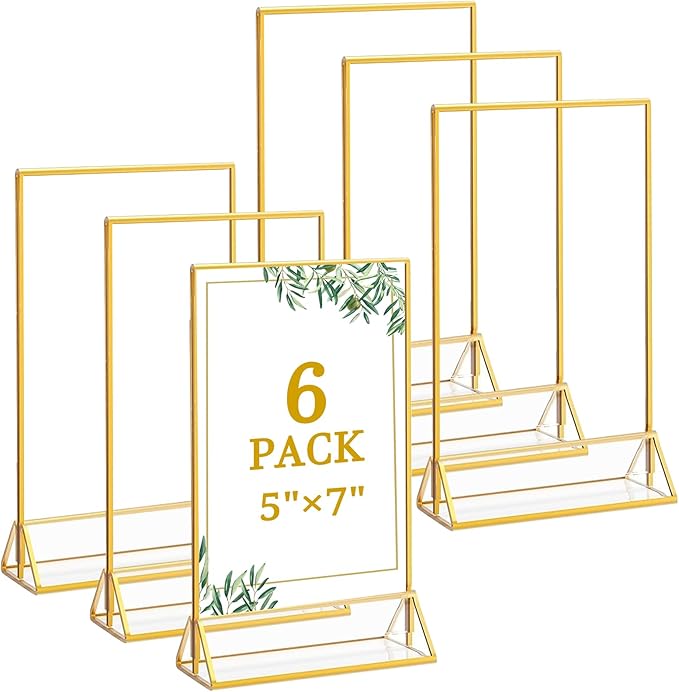 Floroom 6 Pack 5x7 Inch Clear Acrylic Sign Holders, Double-Sided Gold Display by Floroom