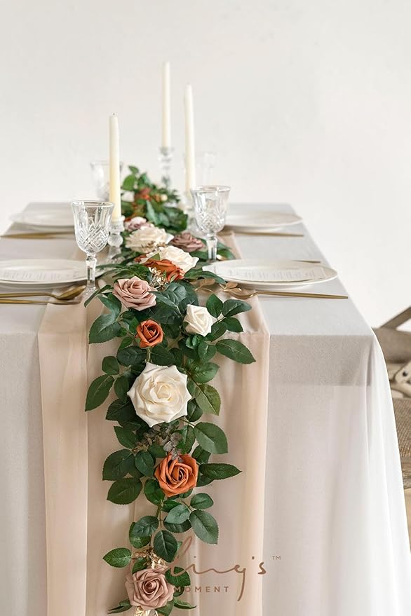 Ling's moment 5FT Artificial Flower Garland Rust Rose Leaves Floral Garland - Image 5