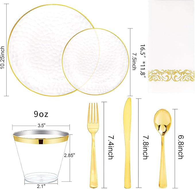 Rubtlamp 350 Pcs Clear Gold Plastic Plates, Hammered Disposable Dinnerware - Image 6