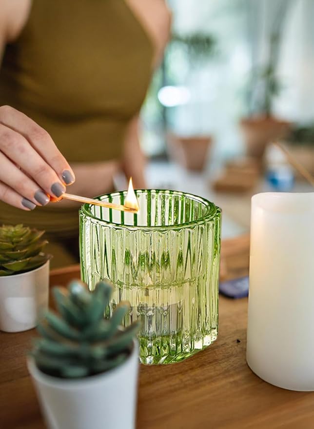 Serene Spaces Living Set of 4 Green Ribbed Glass Votive Holders, Measures 2.25" - Image 2