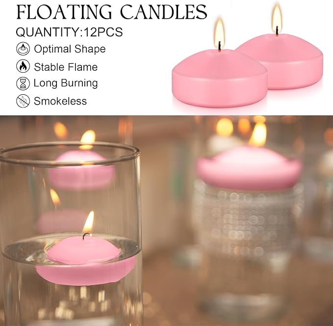 12 Pcs 3 inch Romantic Pink Floating Candles, Smokeless and Unscented, Burns - Image 4