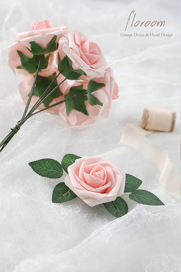 Floroom Artificial Flowers 25pcs Real Looking Blush Heirloom Foam Fake Roses - Image 2