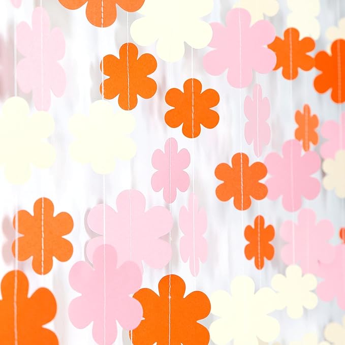 Orange-Pink Fall Party-Decorations Streamers-Garland - 52ft Boho Flower Hanging by Hugfond