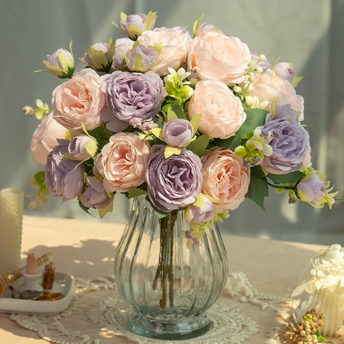 Artificial Peonies Silk Flowers in Glass Vase Faux Flowers Bouquets Modern by JARELING