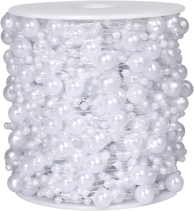 98FT Pearl Beads String Garland, 8mm 3mm White Faux Pearl Beads Roll Strand Bulk by Cadikez