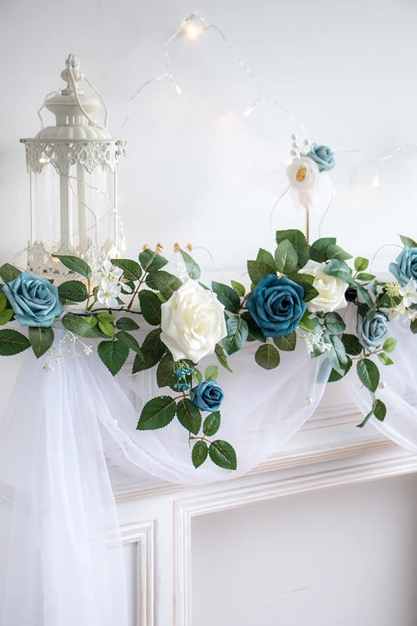 PONATIA 5FT Handcrafted Artificial Rose Flower Garland, Dusty Blue Flowers - Image 3