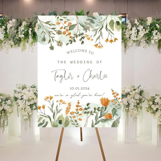 Wedding Sign, Floral Sage Green, Fall Leaves, 24x36 Inches, Modern Nature - Image 3