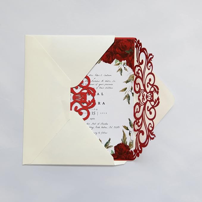 25PCS Red Laser Cut Wedding Invitations Cards - Image 3