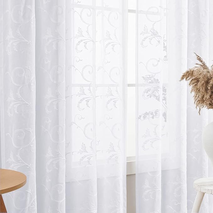 Sheer Curtains White 95 Inches Vintage Embroidered Floral, Window Treatments - Image 2