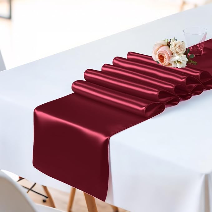 SHEJIZE 2 Pack Wine Red Satin Table Runner 12x108 Inches Long, Bright Silky - Image 6
