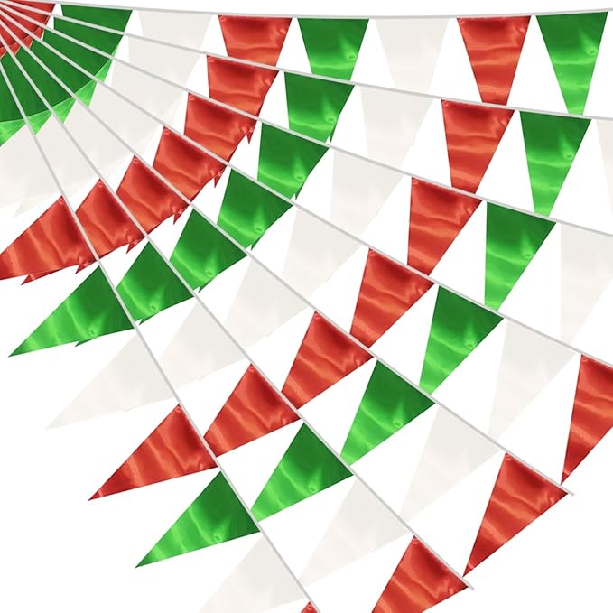 20M/65FT White Green Red Triangle Pennant Banner Flag Metallic Fabric Bunting by raqieden